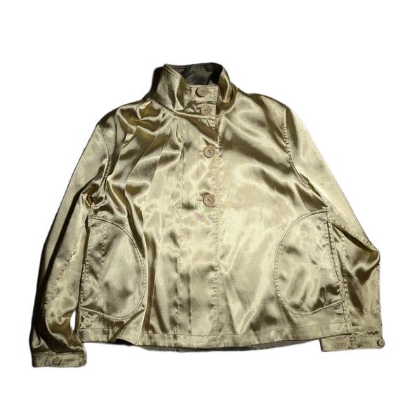 Vtg Y2K Lindi Gold Green Reversible Satin High Collar Big Button Jacket Sz M - Picture 1 of 6